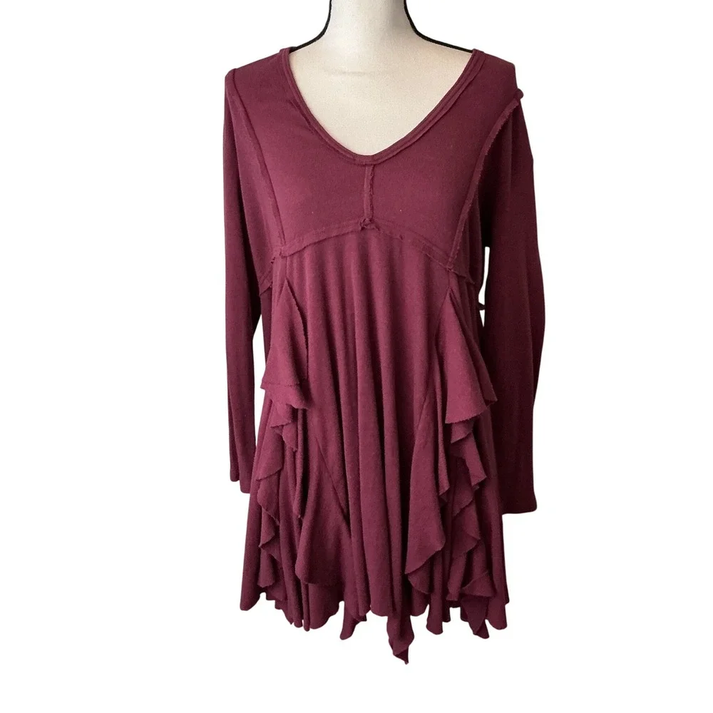 Free People Beach Womens Small Ruffle Tunic Top Long Sleeve Berry Wine V-Neck - Picture 2 of 9